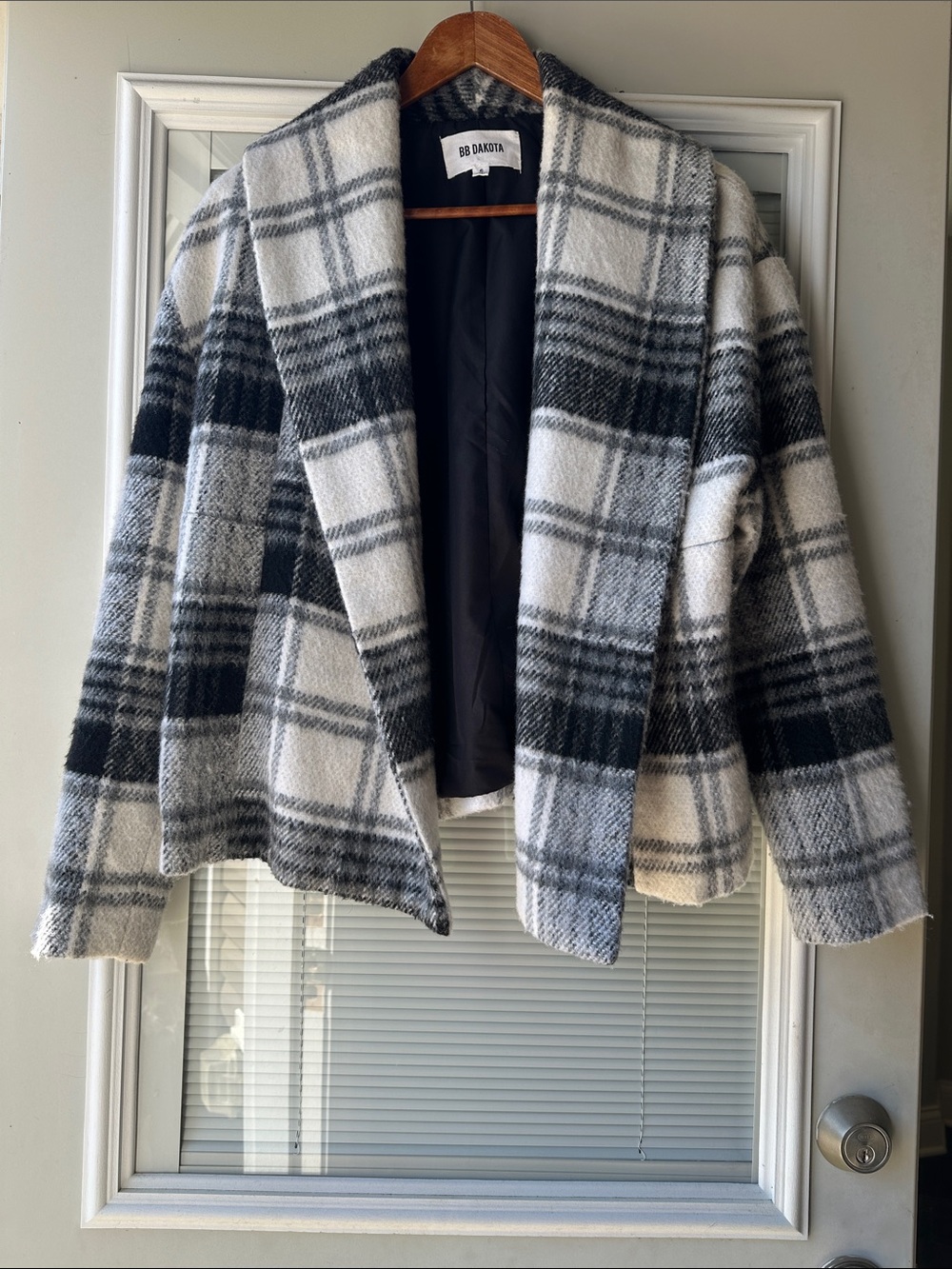 BB Dakota Black & White Plaid Open Front Pea Coat